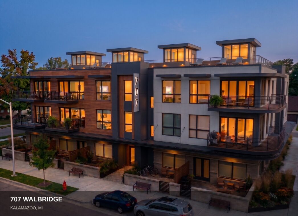 707 Walbridge luxury apartments at dusk on Walbridge Street, Kalamazoo, Michigan