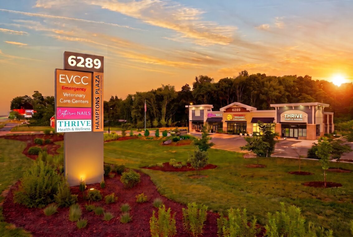 Hamptons Plaza of Oshtemo retail plaza at sunset, 6289 West Main Street, Oshtemo Township, Kalamazoo, Michigan