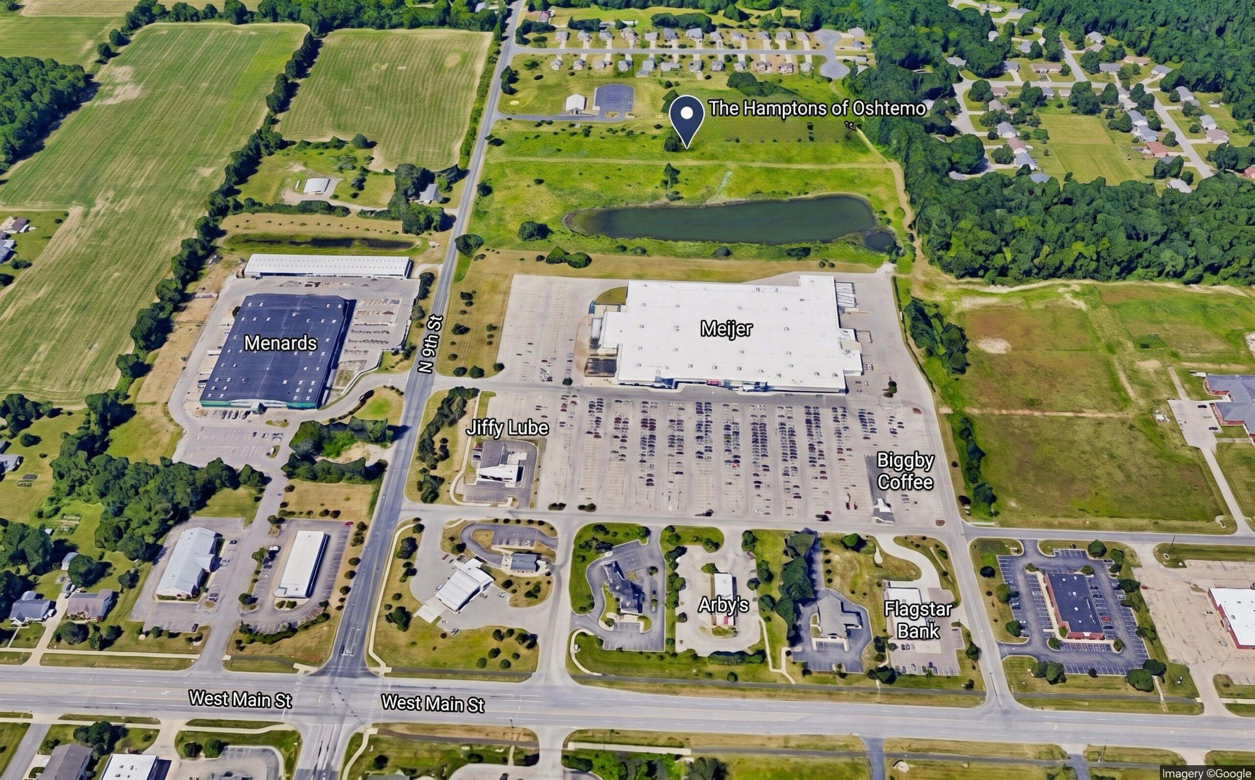 Aerial map of The Hamptons of Oshtemo next to 1400 N 9th St, near Meijer, Menards, Biggby Coffee, Arby's and Flagstar Bank at N 9th St and West Main St, Oshtemo Township, Kalamazoo MI
