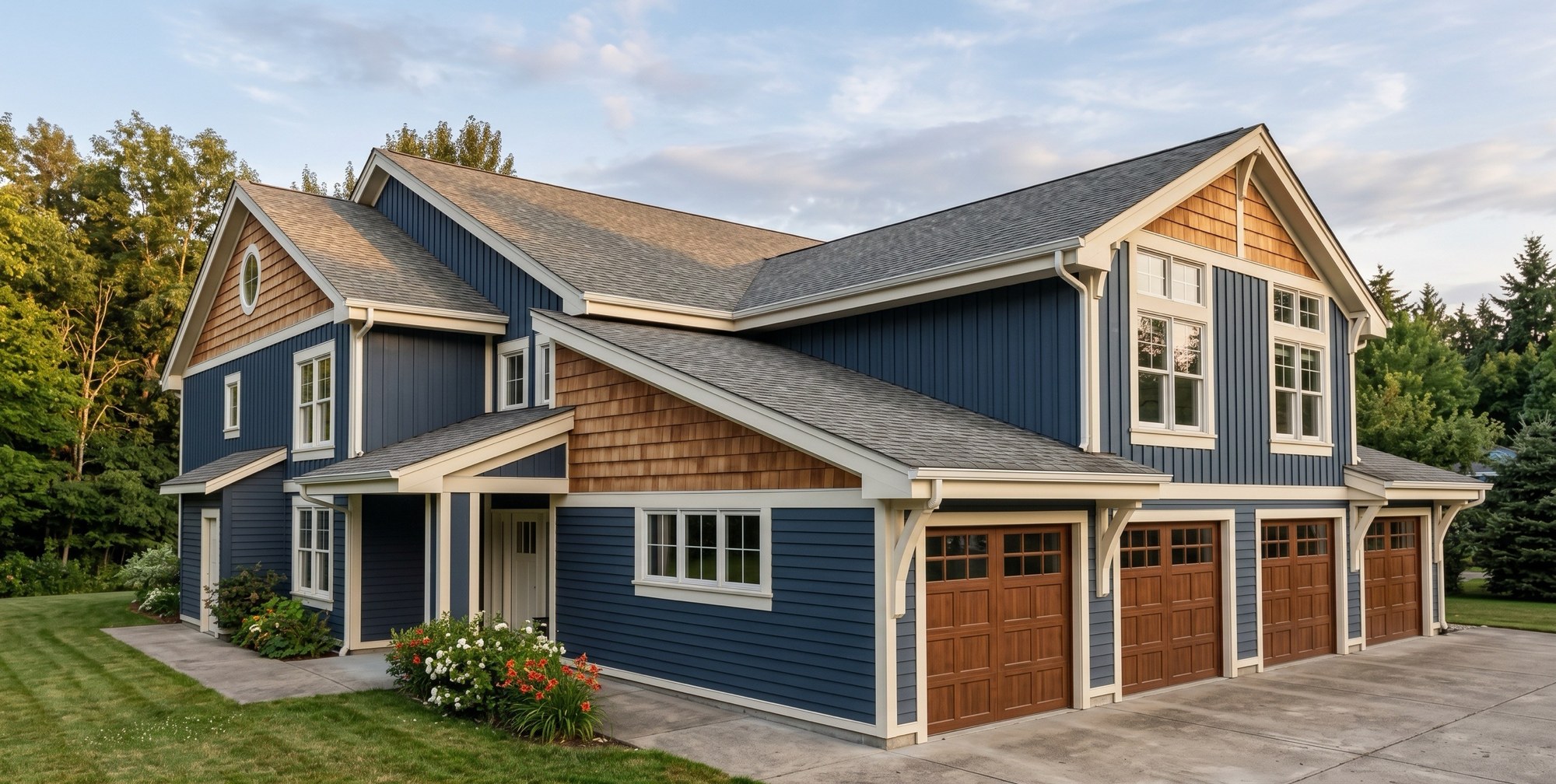 Navy craftsman apartment home with four attached garages at The Hamptons of Oshtemo, N 9th Street, Oshtemo Township, Kalamazoo, Michigan