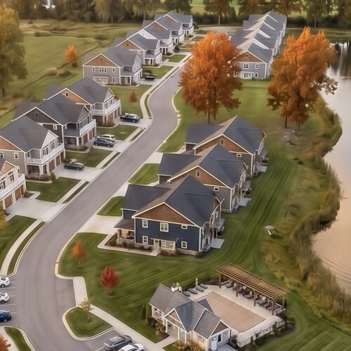 Fall golden hour aerial view of The Hamptons of Oshtemo, luxury 2 and 3 bedroom homes with attached garages, lake and fountain pond, N 9th Street, Oshtemo Township, Kalamazoo MI 49009