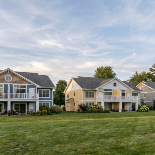 Rear exterior of The Hamptons of Oshtemo, luxury 2 and 3 bedroom homes with private patios and balconies, N 9th Street, Oshtemo Township, Kalamazoo MI 49009